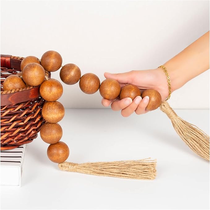 OMISHE Extra Large Wood Bead Garland Brown with 1.6" Diameter Wooden Beads and Tassels, 41" Long Rustic Farmhouse Country Decorative Beads for Home Tiered Tray Decor, Brown