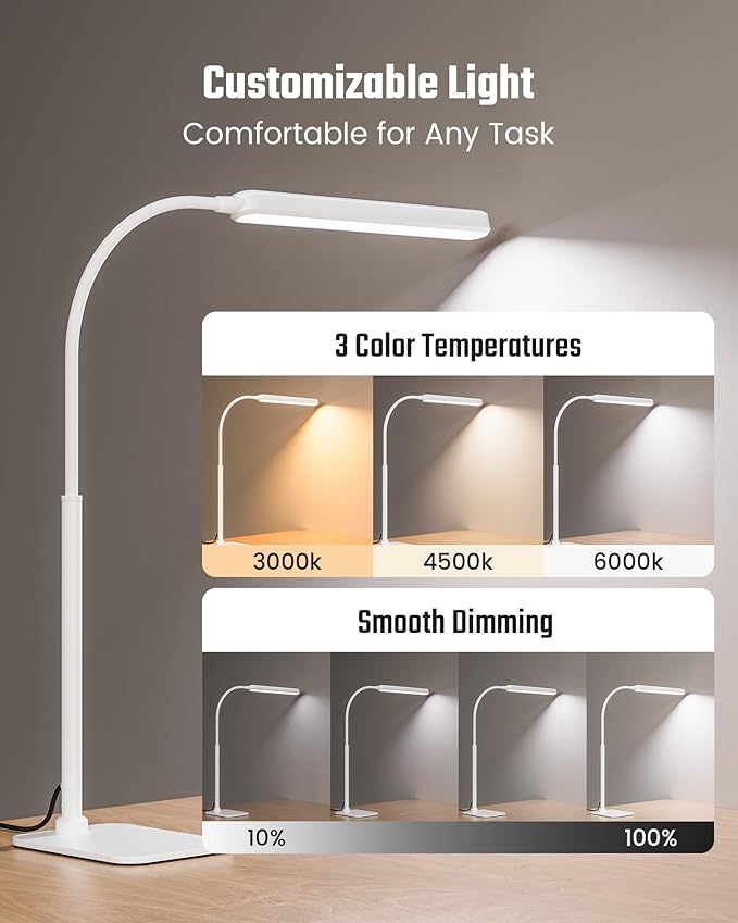 SUPERDANNY Eye-Caring LED Desk Lamp with Base 360° Flexible Gooseneck Work Lamp Touch Control 3 Light Colors Smooth Dimming Task Lighting Reading Light for Home Office College Dorm, White
