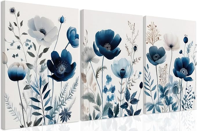DUWQU 3 Pcs Blue Floral Canvas Wall Art, Elegant Navy Blue Wildflower Lily Daisy Art Wall Decor, Watercolor Botanical Flower Home Poster Art Prints for Living Room Bedroom Bathroom 12×16 Inches