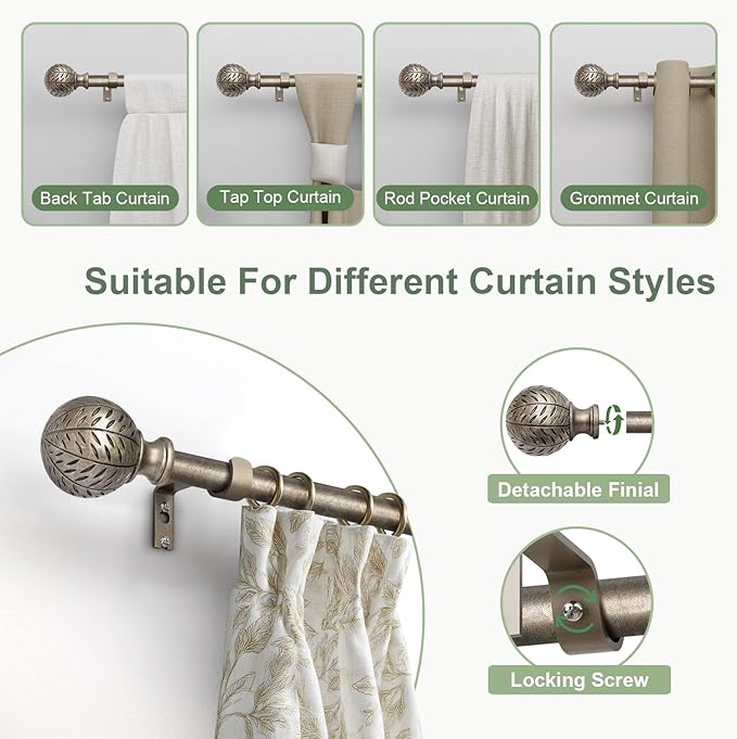 2 Pack Silver Curtain Rods for Windows 48 to 84 Inch,1'' Diameter Drapery Rods with Leaf Pattern Finials,Boho Adjustable Heavy Duty Curtain Rods Set,36-88'',Retro Silver