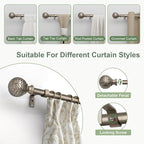 Silver Curtain Rods for Windows 66 to 120 Inch,1'' Diameter Drapery Rods with Leaf Pattern Finials,Boho Adjustable Heavy Duty Curtain Rods Set,36-120'',Retro Silver