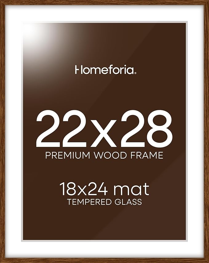 Homeforia 22x28 Poster Frame Walnut, High End Dark Oak 22x28 Large Wooden Picture Frame with Mat 18x24, 22 x 28 Brown Wood Frame Matted to 18 x 24, 28x22 Thin Frame, Tempered Glass, Wall Kit, Set of 1