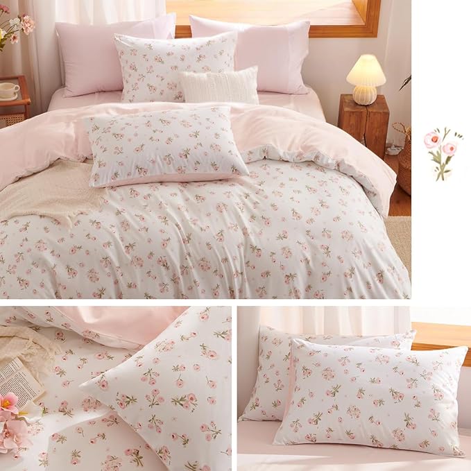 Floral Comforter Set Twin Size - 2 Pieces Pink White Floral Comforter Bedding Sets Reversible Pattern,Twin Bed in a Bag with Flowers Comforter and 1 Pillowcase