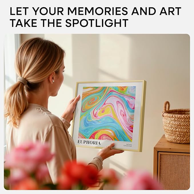 Homeforia 11x11 Picture Frame Gold, High End Metal 11 by 11 Square Frames with Mat 9 x 9 Photo, 11by11 Thin Poster Frame Matted to 9x9 inch Art, Wall Hanging Frames, Tempered Glass, Wall Kit, Set of 1