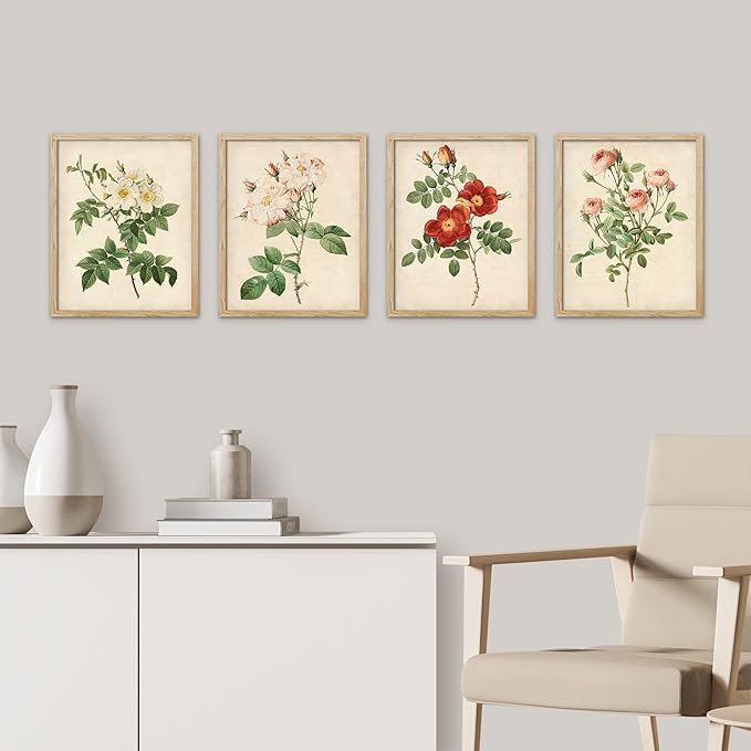 SIGNWIN Framed Vintage Colorful Wildflower Wall Art, Set of 4 Variety Floral Wall Decor Prints, Nature Wilderness Wall Décor for Living Room, Bedroom - 8"x10" Natural
