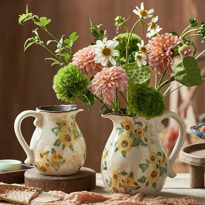 Levvohd Vintage Vase with Handle, 6 Inch Ceramic Pitcher Sunflower Floral Vases Decorative for Grandma Home Decor, Living Room Bookshelf Office Tuscan Decor (Small)
