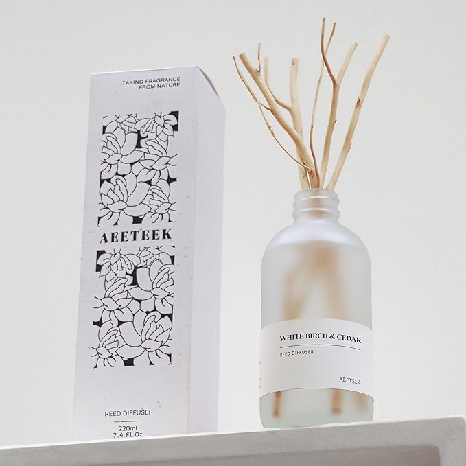 White Birch & Cedar Reed Diffuser, 7.4oz(220ml) Large Bottle Essential Oils, Scented Oil Refill for Waterless Diffuser, Air Freshener for Bathroom with Willow Branches Decor (1-Pack)