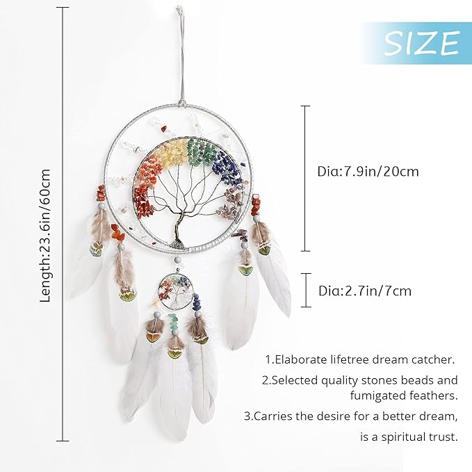 7 Chakras Tree of Life Dream Catcher Wall Decor with Rainbow Healing Crystal Stone Handmade Gray Feather DreamCatchers Wall Hanging Ornaments for Bedroom Home Decor Blessing Gift Wedding Party-23.6"