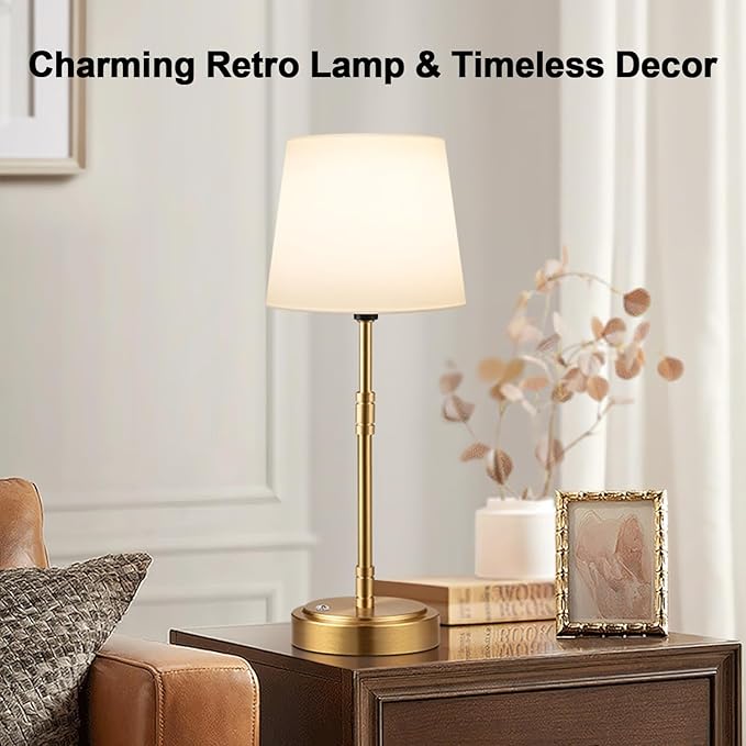 Cordless Table Lamps Set of 2 – Battery Operated Lamp with 7500mAh Rechargeable Battery, Stepless Dimmable Vintage Brushed Gold Desk Wireless Lamps for Dining Room, Nightstand & Patio (Bulbs Included)