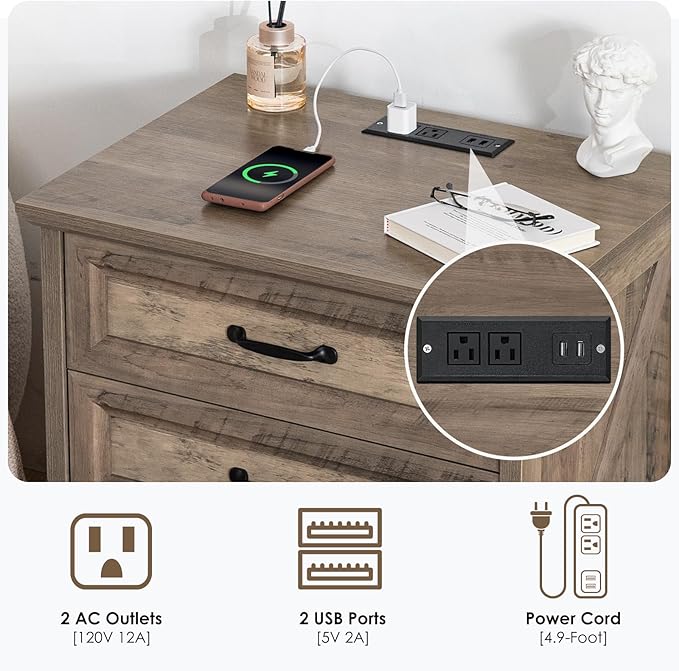 HOMMPA 24'' Farmhouse Nightstand with Charging Station, Bedside Tables with Storage, Side Table with USB Port, 3 Drawers End Table Dresser, Wood Night Stand for Bedroom, Living Room, Greige