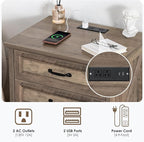 HOMMPA 24'' Farmhouse Nightstand with Charging Station, Bedside Tables with Storage, Side Table with USB Port, 3 Drawers End Table Dresser, Wood Night Stand for Bedroom, Living Room, Greige
