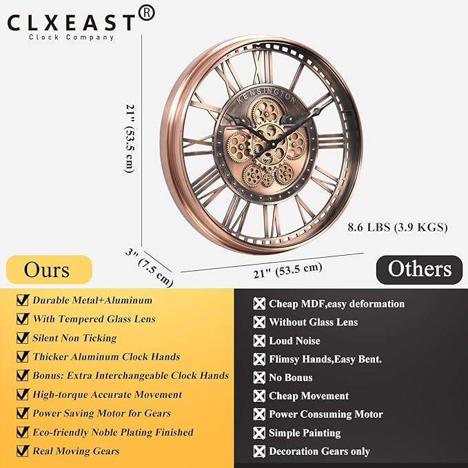 CLXEAST 21 Inch Large Roman Numeral Wall Clock with Moving Gears,Farmhouse Copper Rose Gold/Copper Metal Wall Clocks for Living Room Decor,House Warming Gifts New Home
