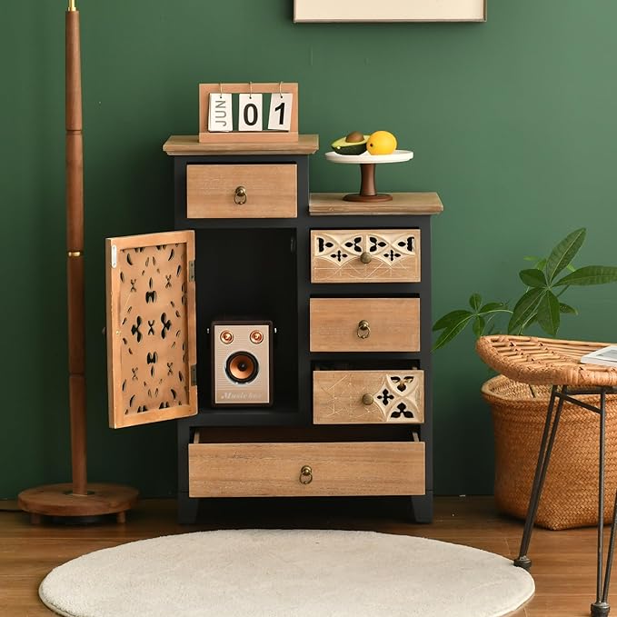 Farmhouse Accent Chest with Carved Door and 5-Drawers, Vintage Storage Cabinet Modern Dresser for Living Room, Entryway, Hallway, Multi-Drawer Organizer, Natural and Deep Blue