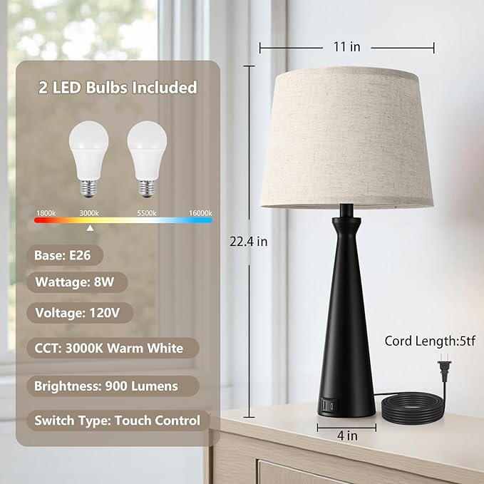 Seealle Modern Table Lamps Set of 2 - Touch Bedside Lamp for Nightstand with USB C+A,3-Way Dimmable Black Nightstand Lamps for Living Room Bedroom End Table with Beige Shade(Bulb Included)