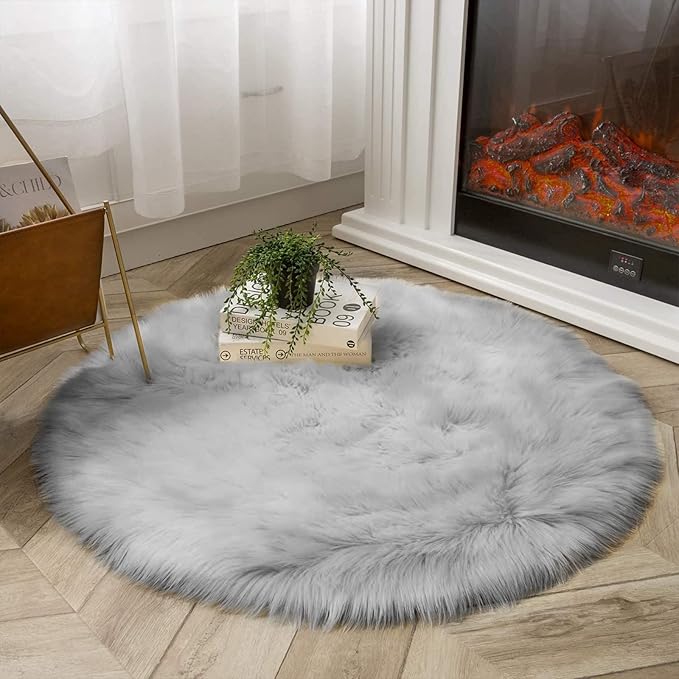 Latepis Gray Fluffy Circle Faux Fur Rug Round Rugs 4ft Sheepskin Rug for Bedroom Bedside Washable Rugs Soft Plush Shaggy Floor Carpet Luxury Home Decor