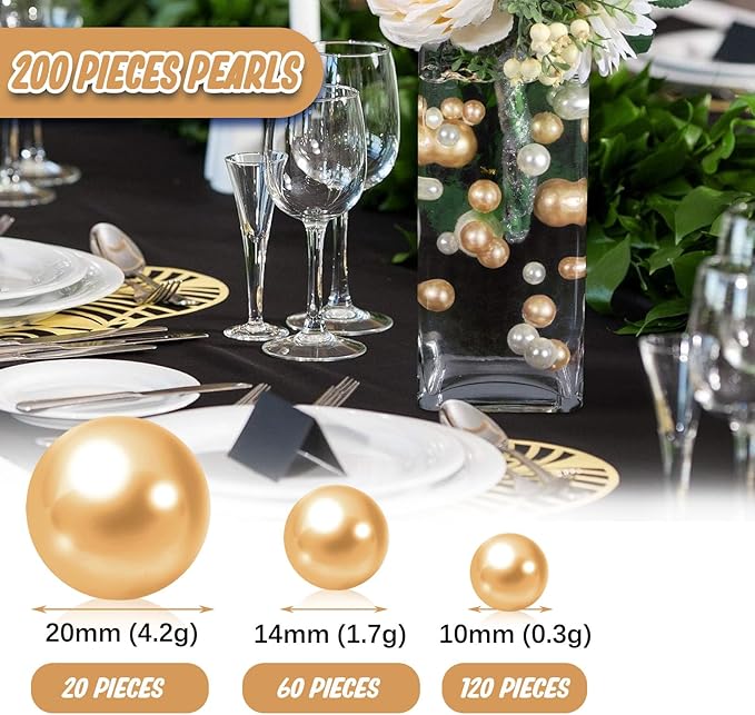 200 PCS Coffee Vase Fillers, Pearls Bead for Centerpieces Vases, 10/14/20 MM No Hole Beads, Fake Pearls for Wedding Birthday Anniversary Theme Party Table Centerpieces Decor