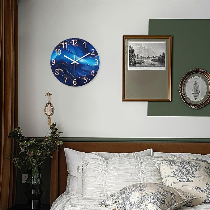 Glass Blue Wall Clocks Battery Operated 16 Inch Marble Pattern Big Clock for Office Abstract Silent Wall Clock Non Ticking