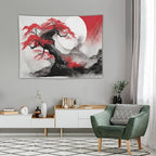 Cherry Blossoms Tapestry, Japanese Red Landscape Asian Abstract Art, Bedroom Living Room Decor 40"x30"