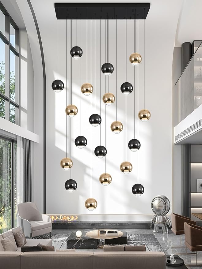 Rectangular Chandelier Crystal Balls Chandeliers Flush Mount Ceiling Light for Dining Room Living Room High Ceiling Chandelier for Staircase Foyer Entryway Black and Gold Chandeliers 2700k-6000k