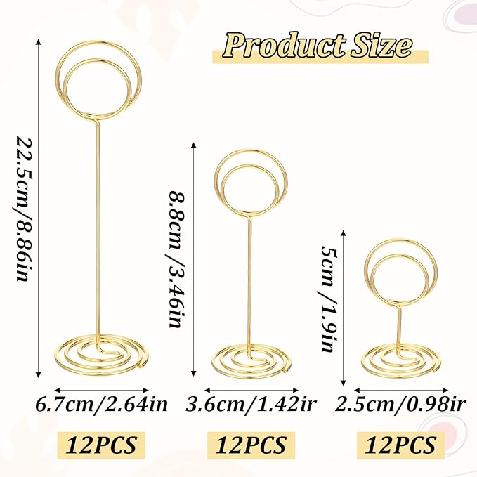 36 Pack Table Number Holder, 3 Sizes Wire Photo Holder Picture Name Menu Clips Memo Note Cards Stand for Wedding Reception Anniversary Birthday Centerpieces Office Memo Photo (Gold)