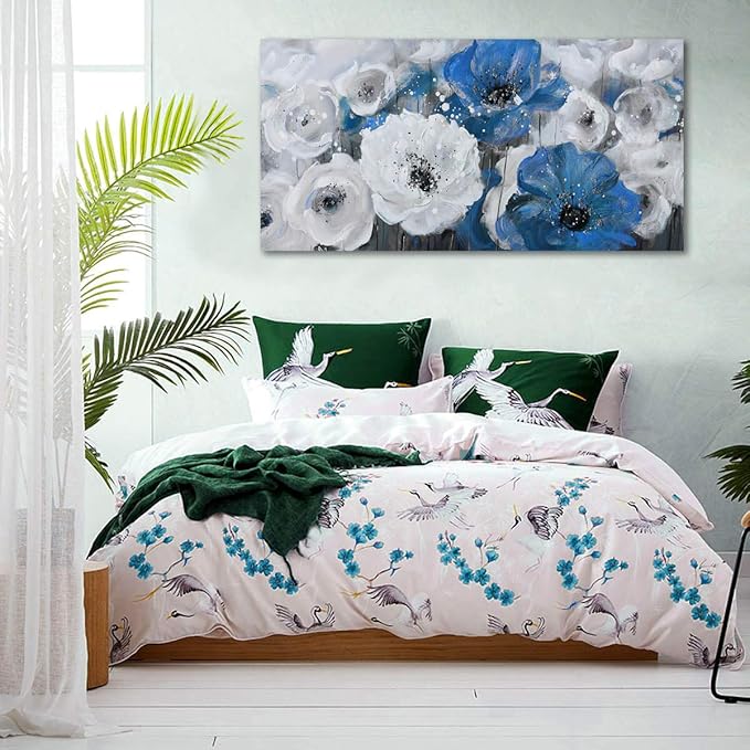 Mofutinpo Large Flower Painting Wall Art, 24x48, Modern Home Decor, Living Room Wall Decorations, White Blue Flower Prints Artwork, Waterproof UV Resistant Canvas, Wall Art for Bedroom