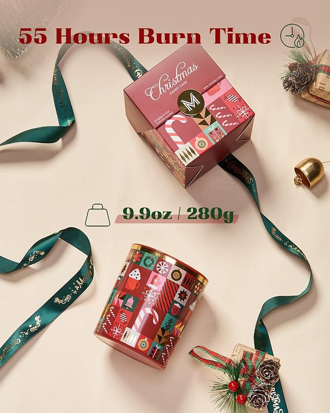 M&SENSE Christmas Candy Cane Scented Holiday Candle for Home, 9.9oz 55Hours Burn Time Clean Non Toxic Natural Soy Wax Fruit Scent Cotton Wick Housewarming Candle Gifts for Family Friends
