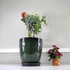 FixtureDisplays® Garden Green Plastic Round 11.8 Inches Diameter 11.8 Inches Tall Planter Resin Glazed Faux Ceramic Flower Pots Drainage Hole with Saucer Decorative Pot 15675-NF