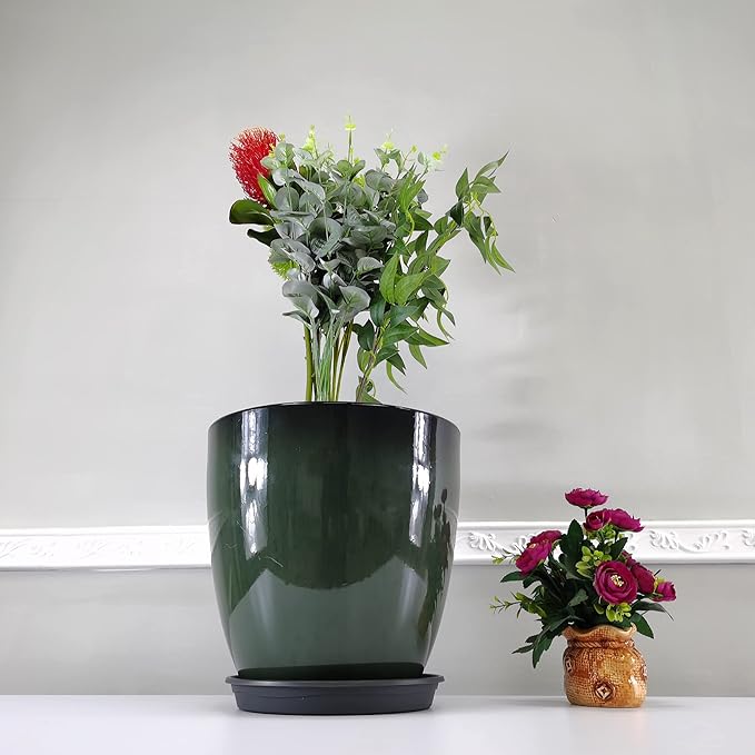 FixtureDisplays® Garden Green Plastic Round 11.8 Inches Diameter 11.8 Inches Tall Planter Resin Glazed Faux Ceramic Flower Pots Drainage Hole with Saucer Decorative Pot 15675-NF