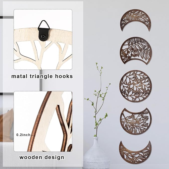 Jetec 5 Pcs Moon Phase Wall Art Decor Wall Pediments Hanging Wooden Moon Phase Spiritual Bedroom Nordic Boho Lunar Aesthetic Art for Living Room Dorm Apartment Bar Ornament(Dark Brown,15.75 Inch)