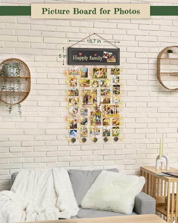 Bikoney Picture Frames Collage Photo Hanging Display Picture Board Wood Rustic Frames for Wall Decor with Blackboard and 30 Clips Weathered Grey