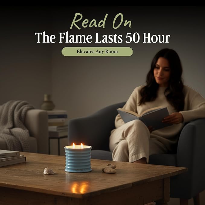 Scented Luxury Candles in Handmade Ceramic Jars, Soy Wax | Day On The Sea – Cypress & Cedar, Large Candle | Non Toxic, 2 Wicks, Reusable Big Blue Jar | Natural Spring Aromatherapy for Women & Men