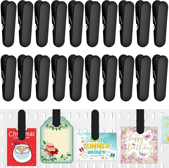 Black Pegboard Clips, 20 Pcs Metal Pegboard Accessories Clips, Pegboard Clips for Hanging Photos, Pegboard Attachment Clips for Kitchen, Bathroom, Living Room, Office