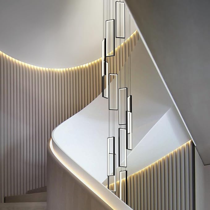 Modern Adjustable Height Pendant Light Fixture Black 252W LED Pendant Lights 12 Rings Rectangular Chandelier Staircase Large Chandelier Lobby Living Room Foyer High Ceiling Chandeliers