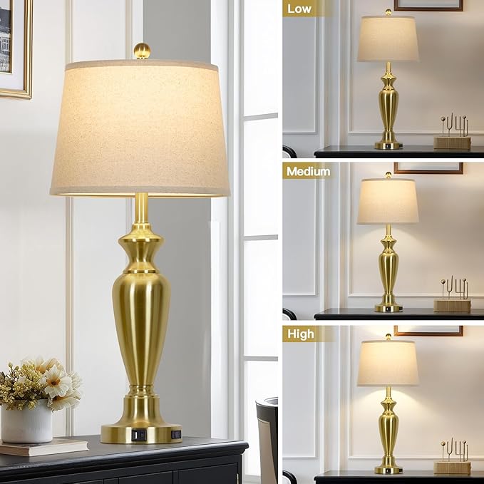 30" Tall Gold Table Lamp for Living Room, 3-Way Dimmable Touch Control Bedside Lamp for Bedroom Nightstand with USB A+C Ports & AC Outlet (1 Pack)