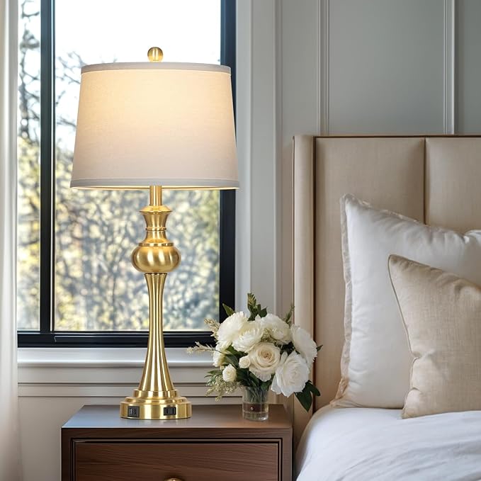 28.75" Gold Table Lamps Modern 3-Way Touch Control Dimmable Bedside Lamp with USB A+C Ports & AC Outlets for Living Room Bedroom Nightstand Lamp (Bulb Included)
