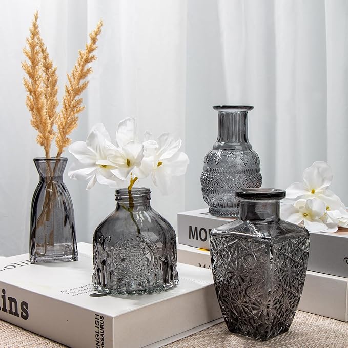 Glass Bud Vases Set of 10, Small Flower Vase in Bulk for Centerpieces, Mini Vintage Grey Vases for Rustic Wedding Vintage Home Table Decor