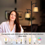 9MMML Farmhouse Floor Lamp for Living Room, 67'' Tall Floor Lamp with 2 Hanging Smooth Faux Leather Lamp Shade, Vintage Black Dimmable Standing Lamp for Bedroom, 2 x 800LM LED Bulbs Included