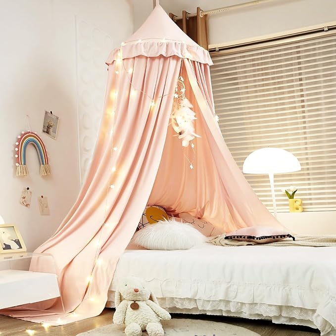 Kertnic Decor Canopy for Kids Bed, Soft Smooth Playing Tent Canopy Girls Room Decoration Princess Castle, Dreamy Mosquito Net Bedding, Children Reading Nook Canopies in Home (Pink-Ruffle)