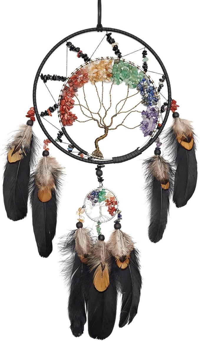 7 Chakras Dream Catchers Tree of Life Dream Catcher Black Feather Wall Decor with Rainbow Healing Crystal Stone Ornaments Wall Art Hanging for Bedroom Home Decor Blessing Gift Wedding Party -23.6"