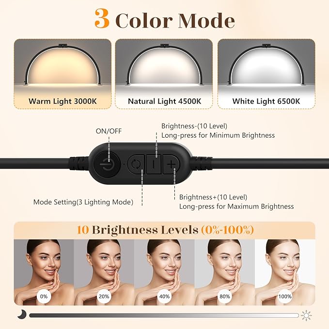 Yokilly Half Moon Light for Nail Desk: 29" Foldable Half Moon Nail Desk Lamp with Phone Holder for Beginner - Arch Tech Light with 3 Color Modes & 10 Brightness for Manicure Salon (Black, Large)