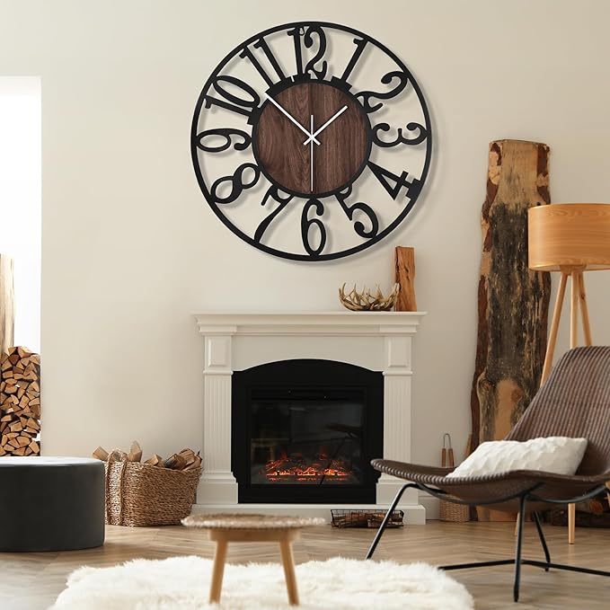 1st owned 40" Large Display Wall Clock for Home Decor - Silent,Battery Operated,Black Metal, Modern, Rustic Wood Clocks for Living Room,Farmhouse,Dining Room,Bedroom,Shop Wall Decor- Arabic Numerals
