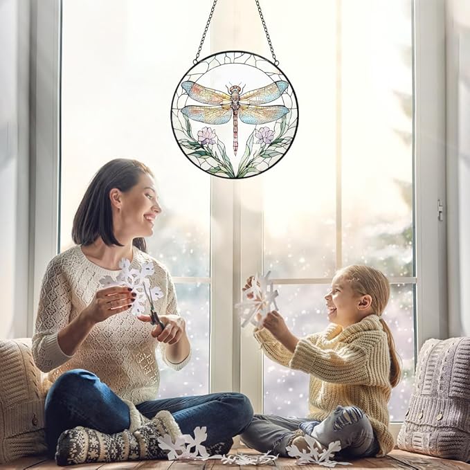 Dragonfly with Flower Suncatcher Stained Glass Window Hanging - 8” Stained Glass Suncatchers for Windows - Sun Catchers Indoor Window Catcher with Hooks and Chain - Birthday Gifts for Mom Grandma