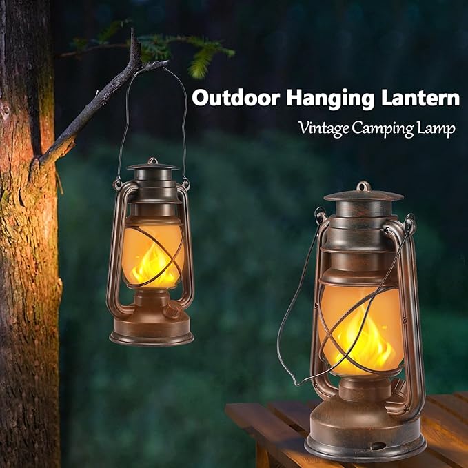Outdoor Lanterns Waterproof Hanging Vintage LED Camping Lamps with Dancing Flame Non-Solar Remote Control Light Landscape Decor for Table Patio Garden Yard Pathway Porch 2Pack (3AA Batteries Power)