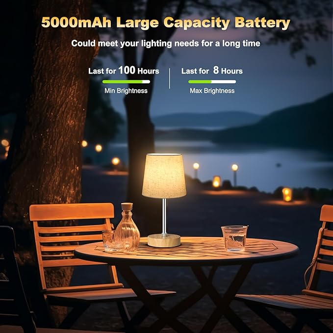 Small Cordless Table Lamp,5000mAh Rechargeable Battery Operated Desk Lamp,3 Colors & 7 RGB Stepless Dimmable, Portable Touch Bedside Night Light for Patio Restaurant Home,Wood Base,Flaxen Shade