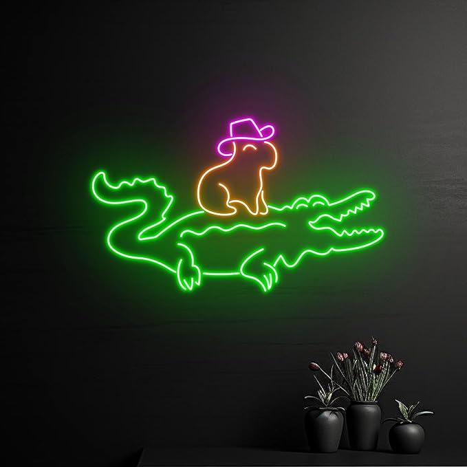 Cowboy Capybara Crocodile Neon Sign Crocodile Capybara Cowboy Hat Led Sign LED Signage