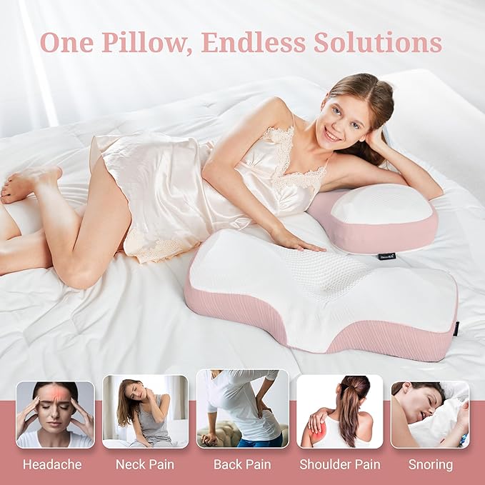 Ergonomic Contour Design Deep Sleep Pillow, Ideal for Side and Back Sleepers, Orthopedic Cervical Shape Gently Cradles The Head, Providing Neck Support and Shoulder Pain Relief [Pink]