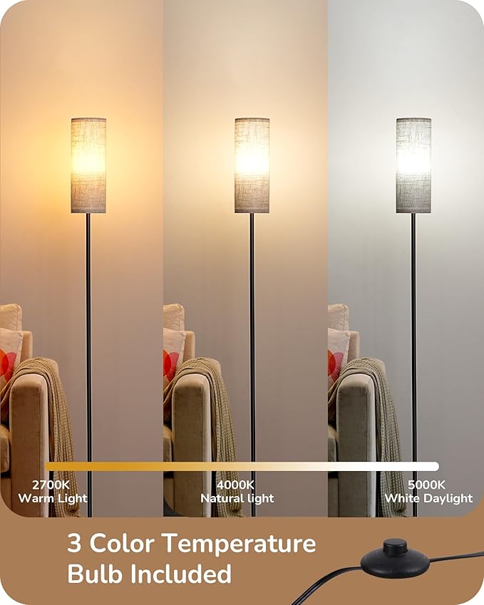 EDISHINE Floor Lamps for Living Room, 63.7in Minimalist Standing Lamp with 9W LED Bulb, 3 Color Temperature, Modern Corner Lamp for Bedroom, Nursery, Office, Foot Pedal Switch, Black