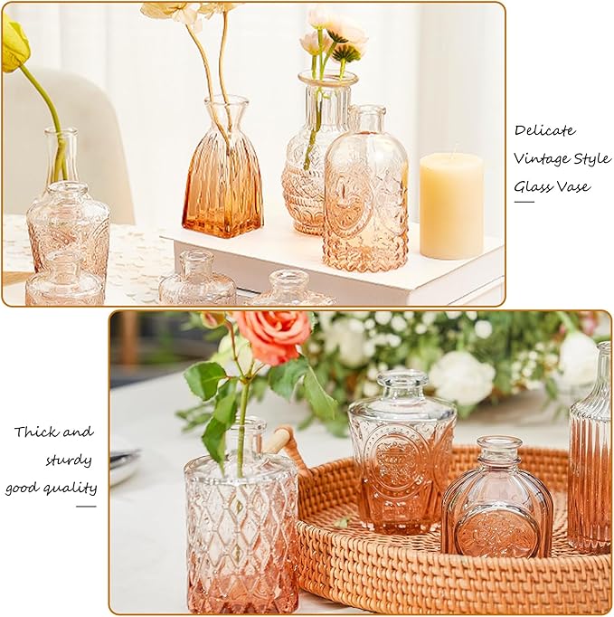 Amber Glass Bud Vase Set,20Pcs Small Glass Vase for Flowers, Clear Bud Set in Bulk,Mini Single Vintage Design for Centerpiece Rustic Wedding Decorations Home Table Flower Décor