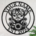 Personalized Highland Cow Name metal Signs,Custom Highland Cow Metal Shed Wall Decor,Black Metal Wall Art Plaques Outdoor wall Decorative Signage (Style E)