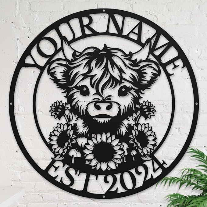 Personalized Highland Cow Name metal Signs,Custom Highland Cow Metal Shed Wall Decor,Black Metal Wall Art Plaques Outdoor wall Decorative Signage (Style E)